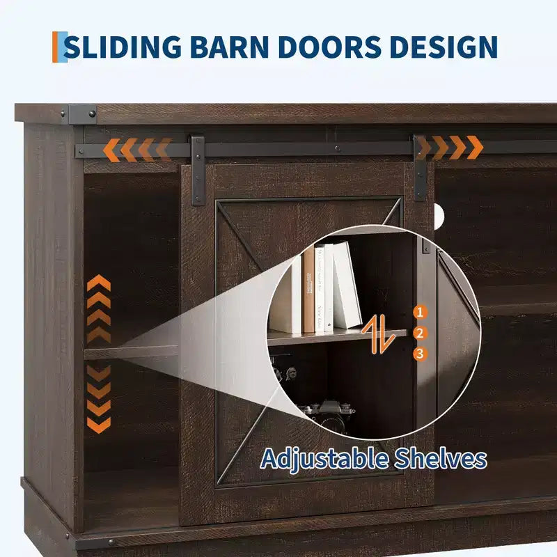 Meuble TV de ferme pour téléviseur de 65 pouces, meuble de divertissement avec portes coulissantes de grange et étagère réglable, armoire de rangement pour salon, chambre à coucher