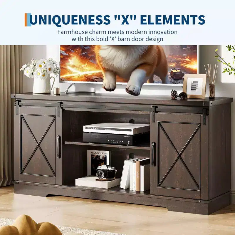 Meuble TV de ferme pour téléviseur de 65 pouces, meuble de divertissement avec portes coulissantes de grange et étagère réglable, armoire de rangement pour salon, chambre à coucher