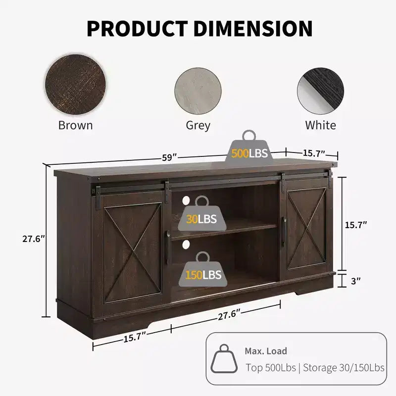 Meuble TV de ferme pour téléviseur de 65 pouces, meuble de divertissement avec portes coulissantes de grange et étagère réglable, armoire de rangement pour salon, chambre à coucher