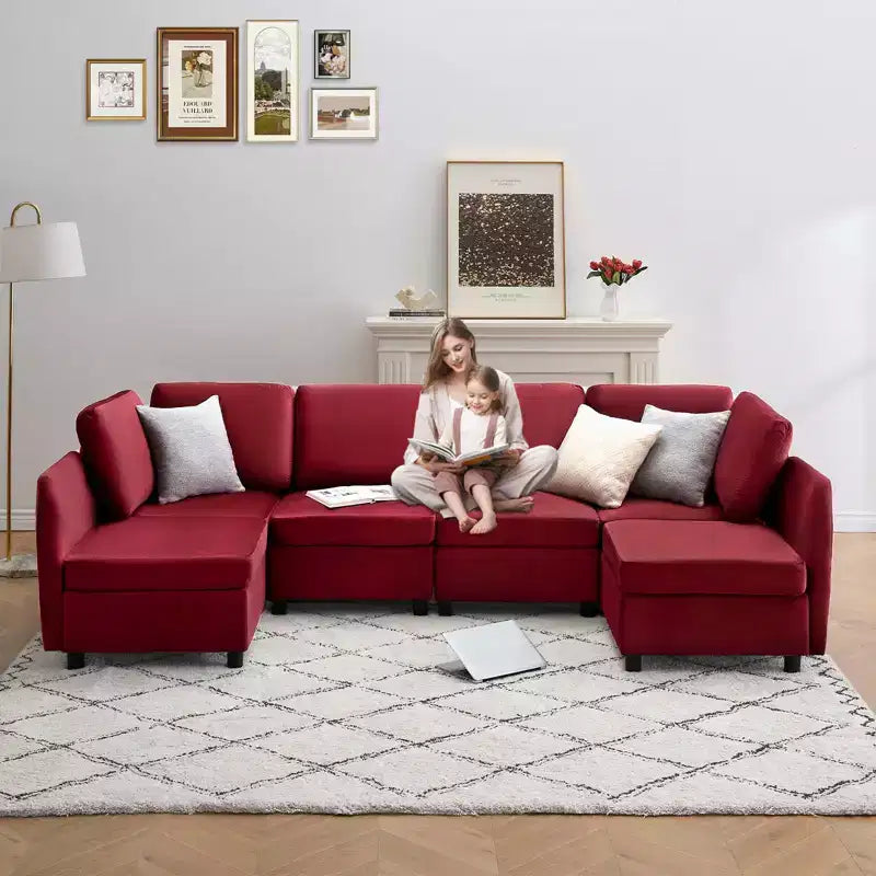 Canapé d'angle modulable réversible Whizmax 9 places en velours avec poufs, rangement et méridienne - Rouge lie-de-vin