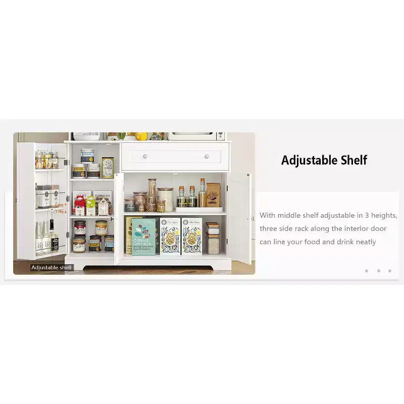 Meuble de rangement de cuisine, armoire de rangement de cuisine avec comptoir, tiroirs et étagères de porte, grande armoire de rangement pour aliments, vin