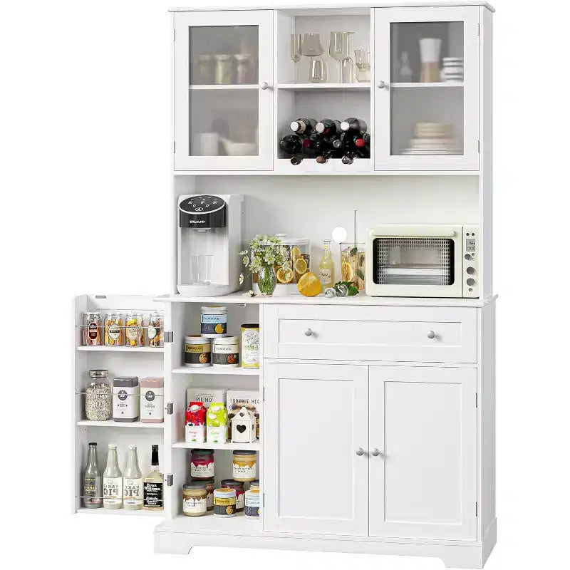 Meuble de rangement de cuisine, armoire de rangement de cuisine avec comptoir, tiroirs et étagères de porte, grande armoire de rangement pour aliments, vin