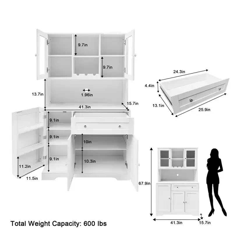 Meuble de rangement de cuisine, armoire de rangement de cuisine avec comptoir, tiroirs et étagères de porte, grande armoire de rangement pour aliments, vin