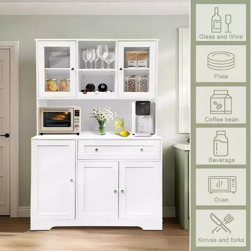 Meuble de rangement de cuisine, armoire de rangement de cuisine avec comptoir, tiroirs et étagères de porte, grande armoire de rangement pour aliments, vin