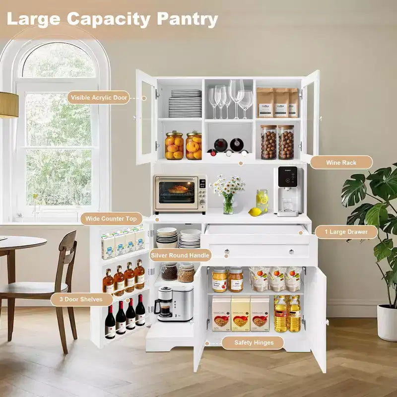 Meuble de rangement de cuisine, armoire de rangement de cuisine avec comptoir, tiroirs et étagères de porte, grande armoire de rangement pour aliments, vin