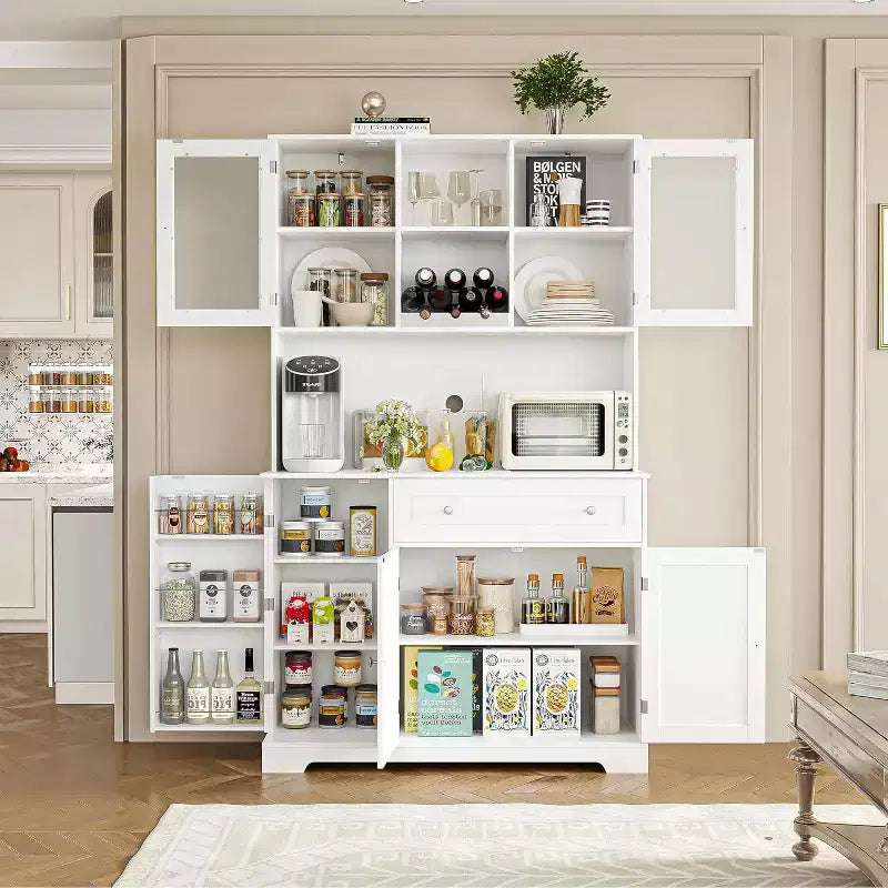 Meuble de rangement de cuisine, armoire de rangement de cuisine avec comptoir, tiroirs et étagères de porte, grande armoire de rangement pour aliments, vin