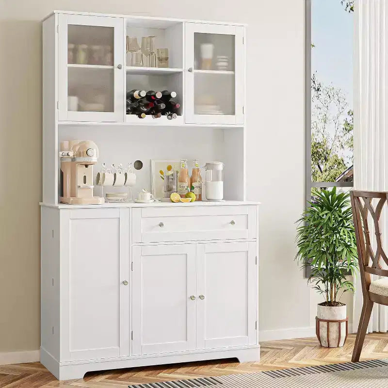 Meuble de rangement de cuisine, armoire de rangement de cuisine avec comptoir, tiroirs et étagères de porte, grande armoire de rangement pour aliments, vin