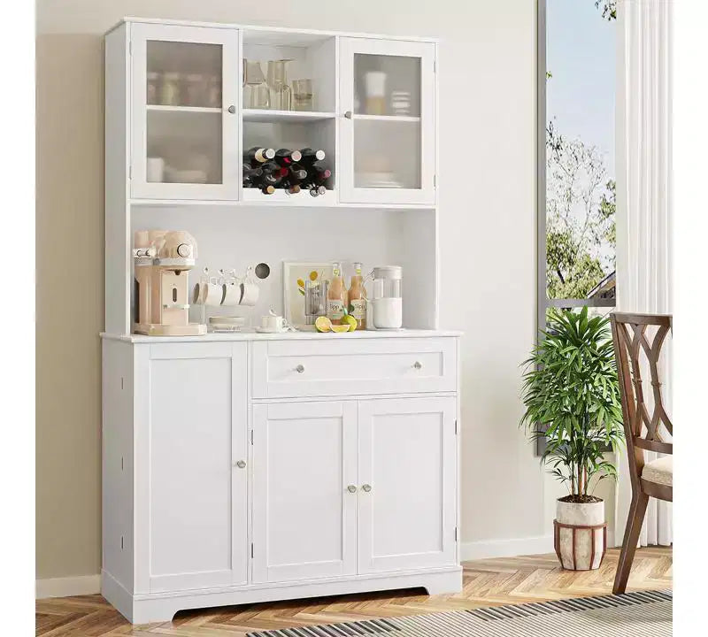 Meuble de rangement de cuisine, armoire de rangement de cuisine avec comptoir, tiroirs et étagères de porte, grande armoire de rangement pour aliments, vin