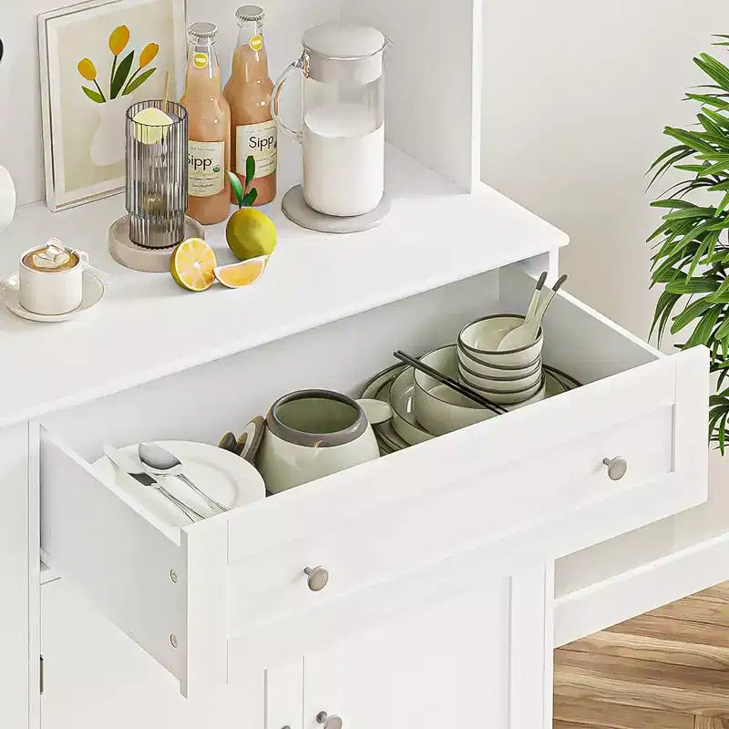 Meuble de rangement de cuisine, armoire de rangement de cuisine avec comptoir, tiroirs et étagères de porte, grande armoire de rangement pour aliments, vin