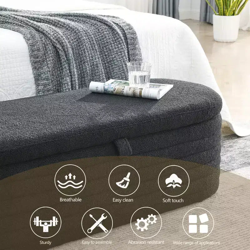 Banc ottoman rembourré Zeus et Ruta de 45,5 po de largeur, tabouret de bout de lit de rangement en tissu avec charnière de sécurité