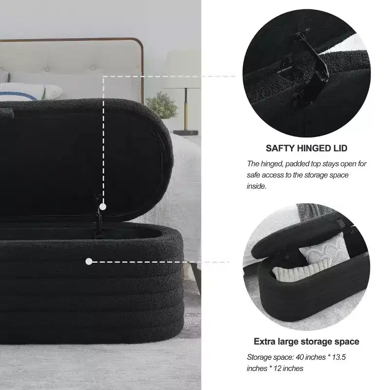 Banc ottoman rembourré Zeus et Ruta de 45,5 po de largeur, tabouret de bout de lit de rangement en tissu avec charnière de sécurité