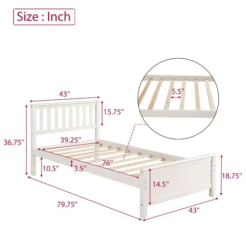 Lit plate-forme double en bois Whisen avec tête de lit, pied de lit et support à lattes en bois
