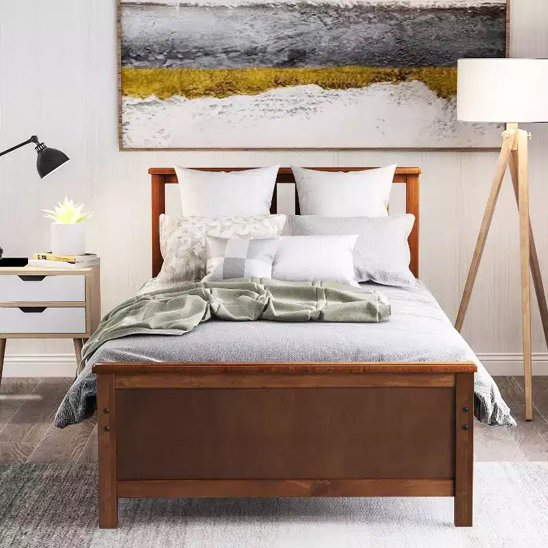 Lit plate-forme double en bois Whisen avec tête de lit, pied de lit et support à lattes en bois
