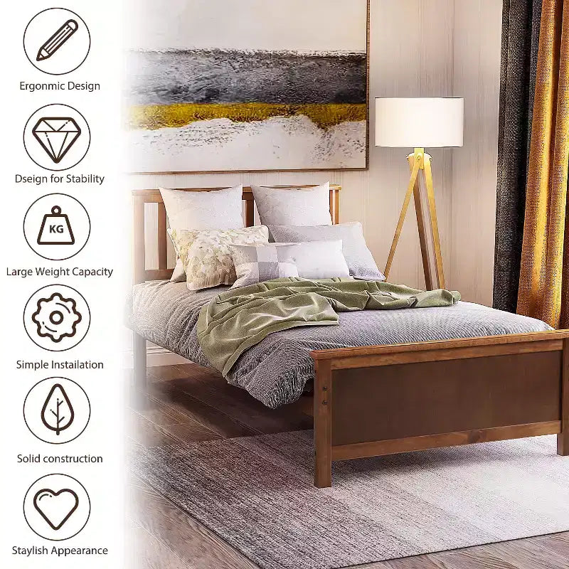 Lit plate-forme double en bois Whisen avec tête de lit, pied de lit et support à lattes en bois