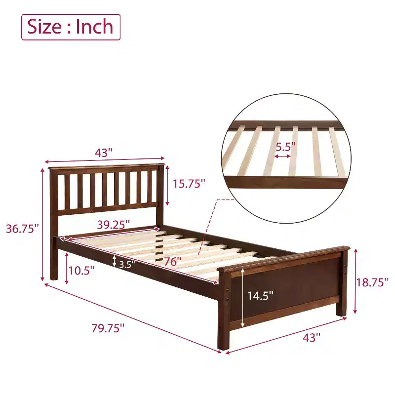 Lit plate-forme double en bois Whisen avec tête de lit, pied de lit et support à lattes en bois