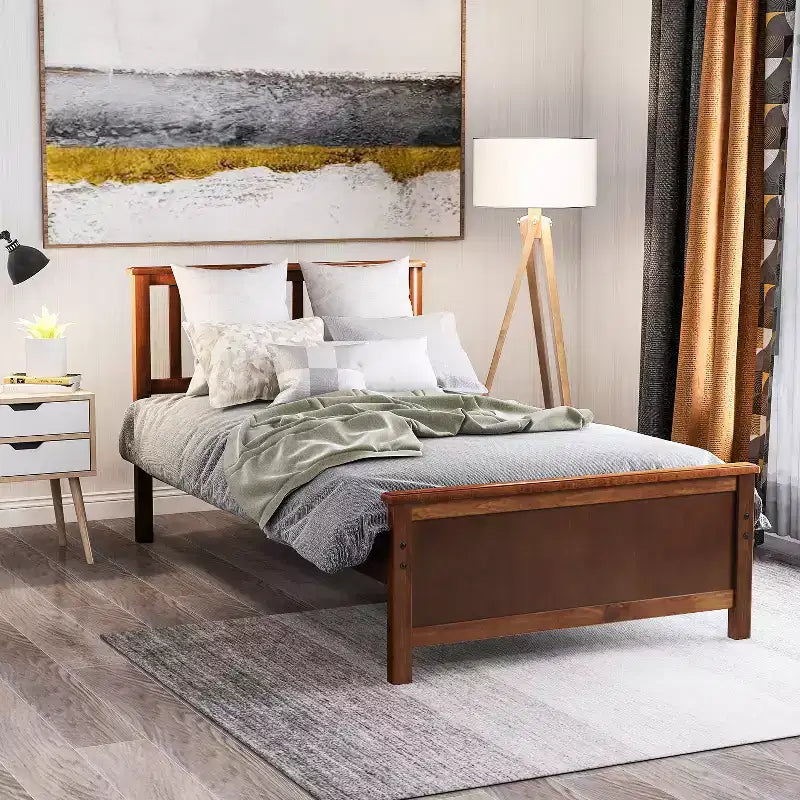 Whisen Twin Size Wood Platform Bed with Headboard, Footboard and Wood Slat Support