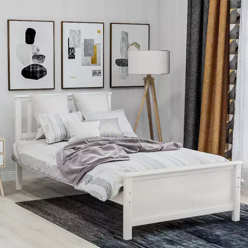 Lit plate-forme double en bois Whisen avec tête de lit, pied de lit et support à lattes en bois