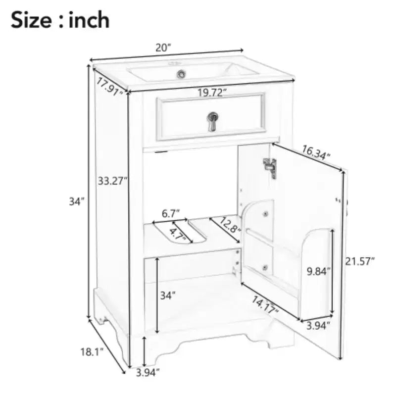 Meuble de rangement de salle de bain de 50 cm de large avec lavabo en céramique intégré