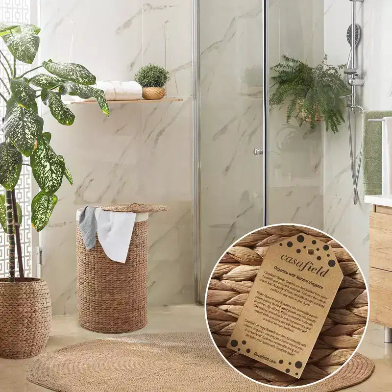 Panier à linge rond Casafield avec couvercle et sac de doublure amovible, panier à linge tressé en jacinthe d'eau pour les vêtements