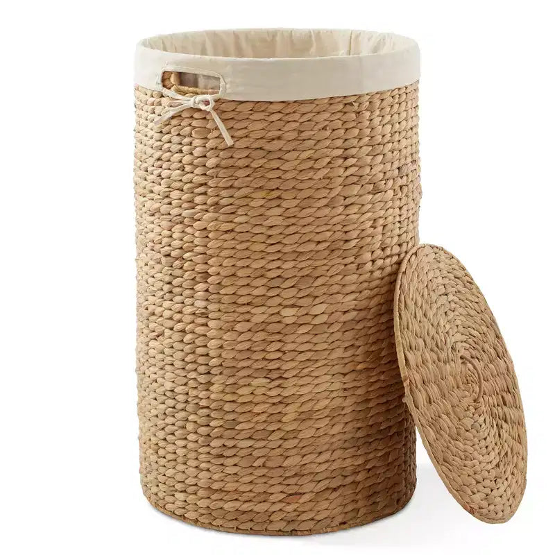 Panier à linge rond Casafield avec couvercle et sac de doublure amovible, panier à linge tressé en jacinthe d'eau pour les vêtements