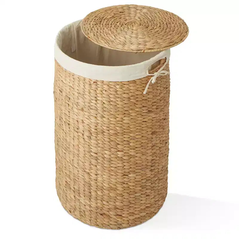 Panier à linge rond Casafield avec couvercle et sac de doublure amovible, panier à linge tressé en jacinthe d'eau pour les vêtements