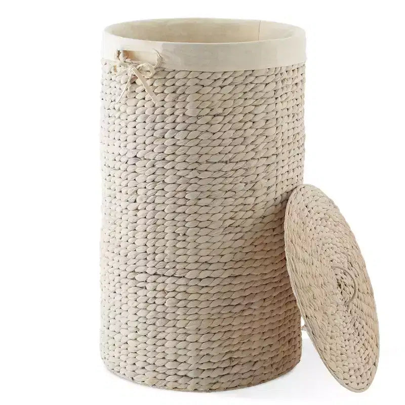 Panier à linge rond Casafield avec couvercle et sac de doublure amovible, panier à linge tressé en jacinthe d'eau pour les vêtements