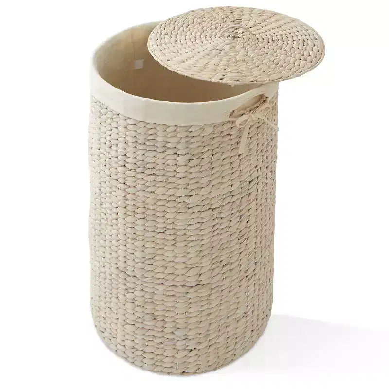 Panier à linge rond Casafield avec couvercle et sac de doublure amovible, panier à linge tressé en jacinthe d'eau pour les vêtements