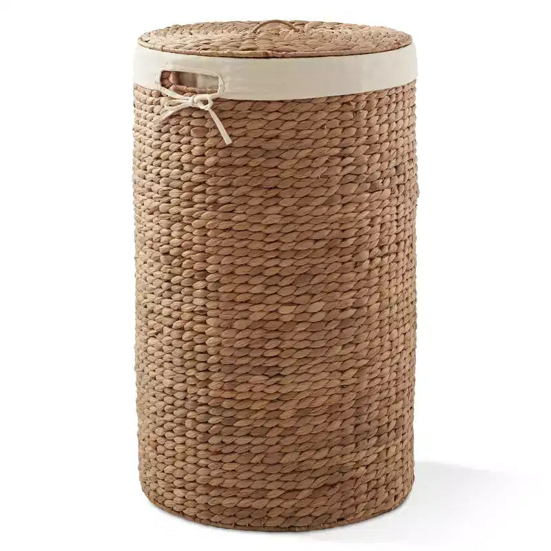 Panier à linge rond Casafield avec couvercle et sac de doublure amovible, panier à linge tressé en jacinthe d'eau pour les vêtements