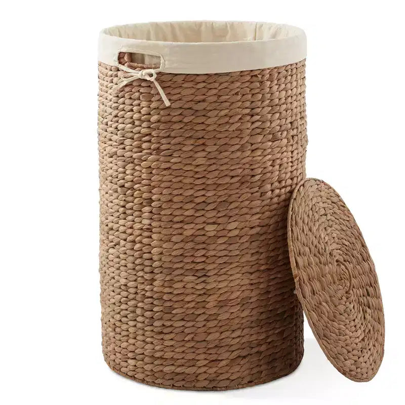Panier à linge rond Casafield avec couvercle et sac de doublure amovible, panier à linge tressé en jacinthe d'eau pour les vêtements