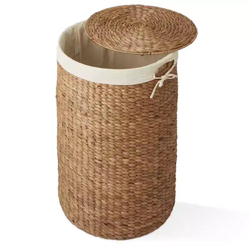Panier à linge rond Casafield avec couvercle et sac de doublure amovible, panier à linge tressé en jacinthe d'eau pour les vêtements