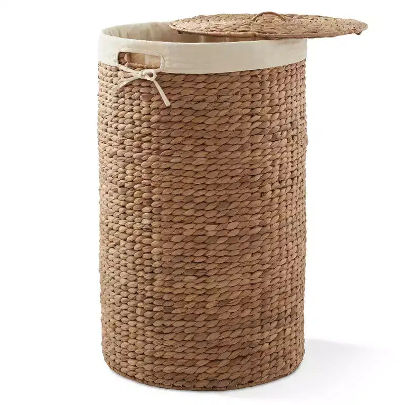 Panier à linge rond Casafield avec couvercle et sac de doublure amovible, panier à linge tressé en jacinthe d'eau pour les vêtements