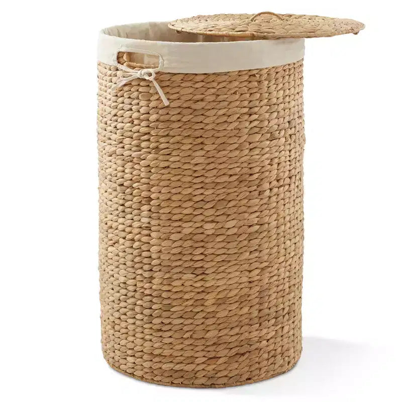 Panier à linge rond Casafield avec couvercle et sac de doublure amovible, panier à linge tressé en jacinthe d'eau pour les vêtements