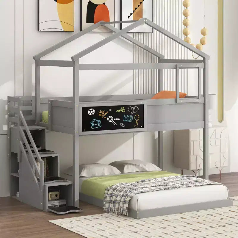 Whisen Twin over Full House Bunk Bed with Storage Staircase and Blackboard
