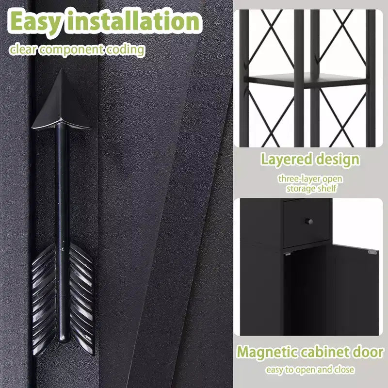 Meuble haut de salle de bain VECELO avec étagères réglables, meuble de rangement mince avec rouleau de papier toilette et petit tiroir, noir/blanc