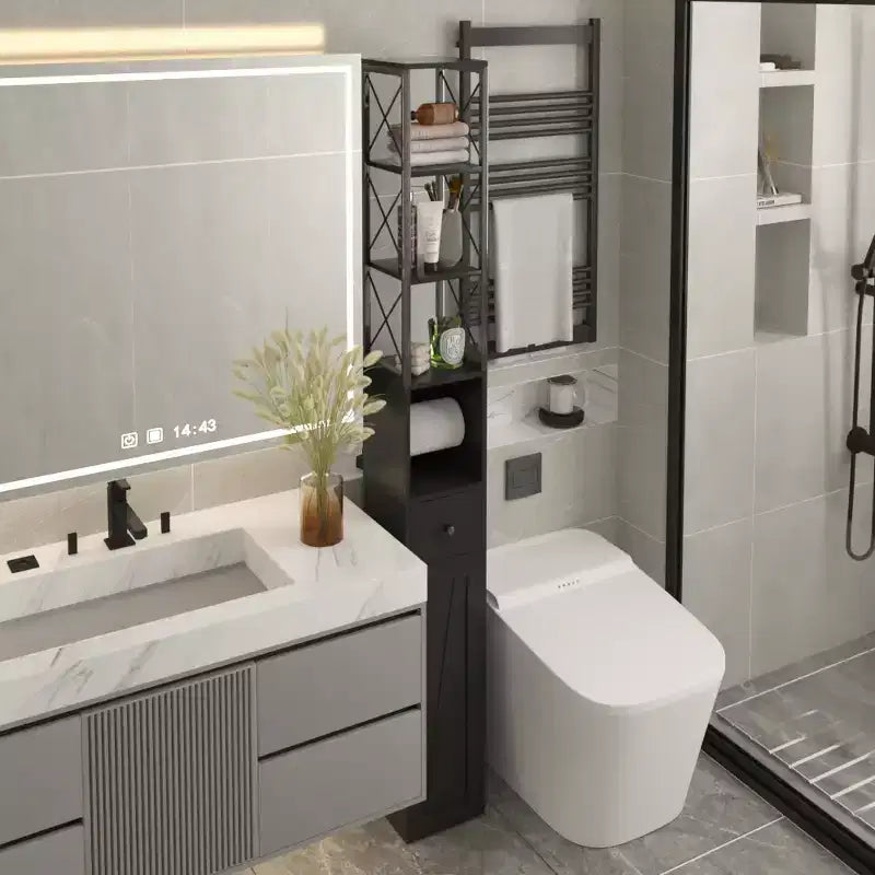 Meuble haut de salle de bain VECELO avec étagères réglables, meuble de rangement mince avec rouleau de papier toilette et petit tiroir, noir/blanc