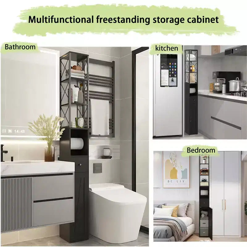 Meuble haut de salle de bain VECELO avec étagères réglables, meuble de rangement mince avec rouleau de papier toilette et petit tiroir, noir/blanc