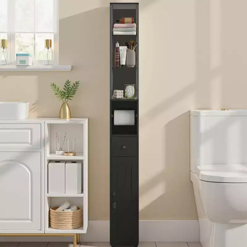 Meuble haut de salle de bain VECELO avec étagères réglables, meuble de rangement mince avec rouleau de papier toilette et petit tiroir, noir/blanc