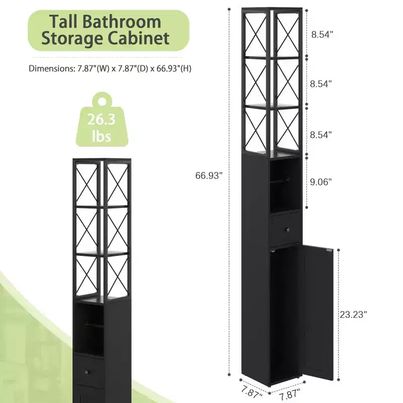 Meuble haut de salle de bain VECELO avec étagères réglables, meuble de rangement mince avec rouleau de papier toilette et petit tiroir, noir/blanc