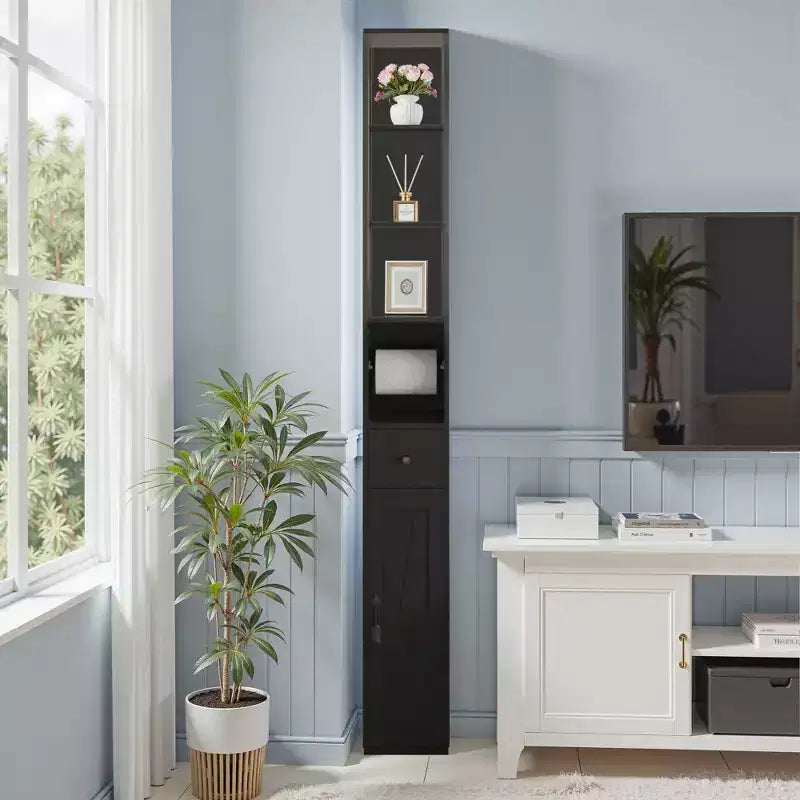 Meuble haut de salle de bain VECELO avec étagères réglables, meuble de rangement mince avec rouleau de papier toilette et petit tiroir, noir/blanc