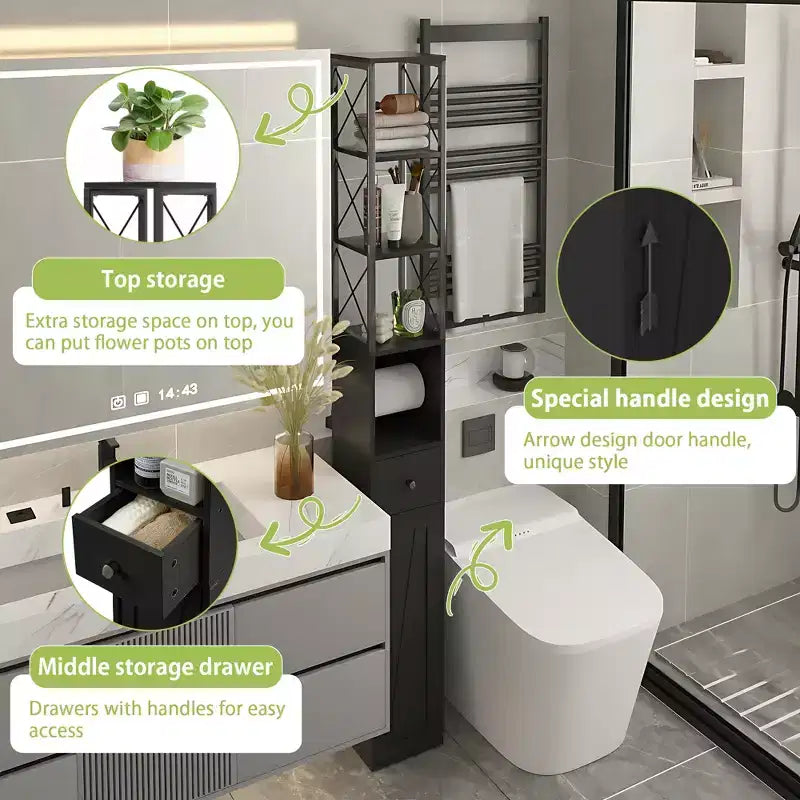 Meuble haut de salle de bain VECELO avec étagères réglables, meuble de rangement mince avec rouleau de papier toilette et petit tiroir, noir/blanc