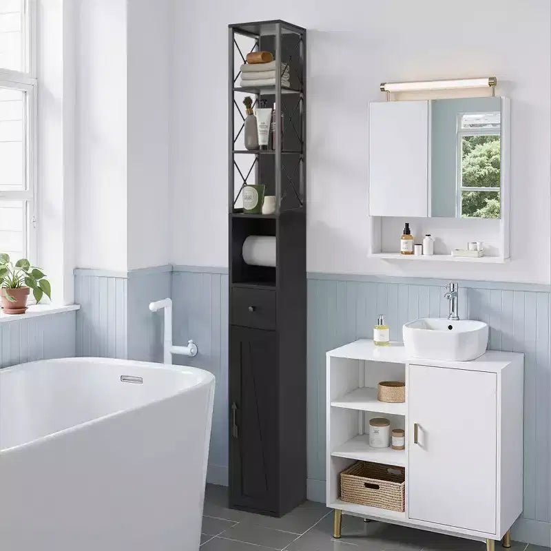 Meuble haut de salle de bain VECELO avec étagères réglables, meuble de rangement mince avec rouleau de papier toilette et petit tiroir, noir/blanc