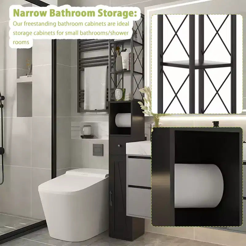 Meuble haut de salle de bain VECELO avec étagères réglables, meuble de rangement mince avec rouleau de papier toilette et petit tiroir, noir/blanc
