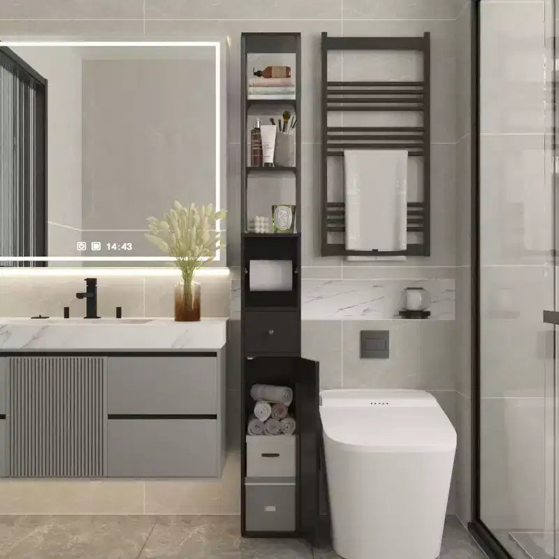 Meuble haut de salle de bain VECELO avec étagères réglables, meuble de rangement mince avec rouleau de papier toilette et petit tiroir, noir/blanc