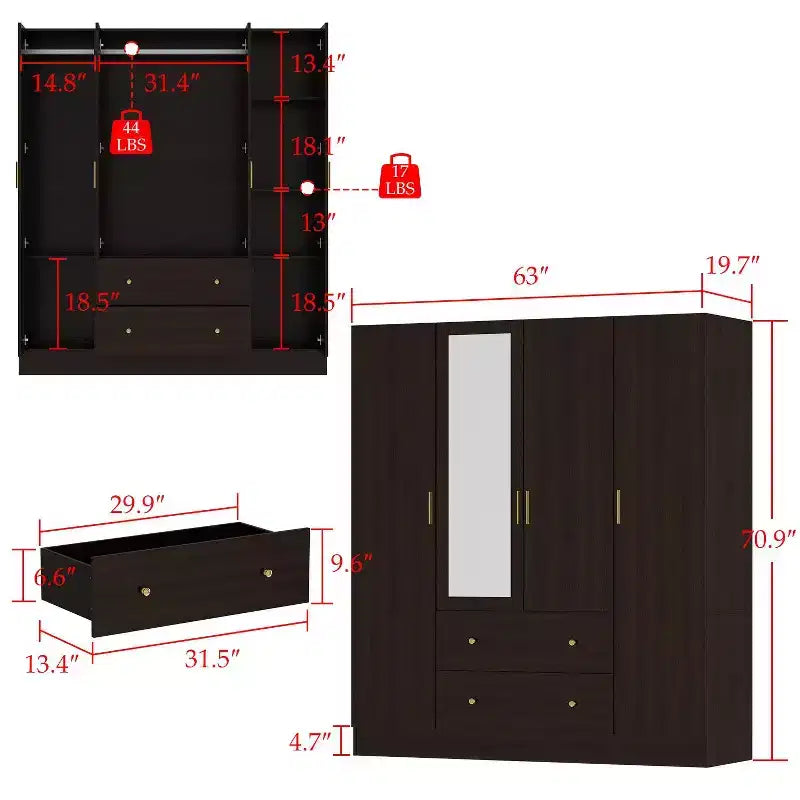 Hitow Armoire 2 grands tiroirs zone de suspension centrale avec miroir Style minimaliste