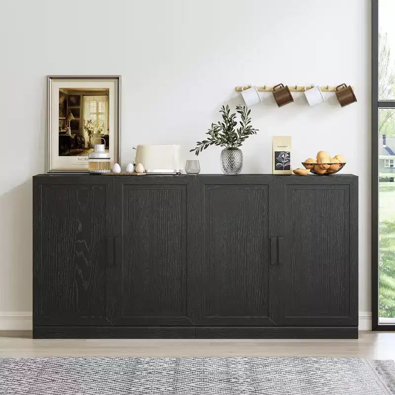 PexFix 62x31x16 Wood Kitchen Storage Pantry Cabinet with Adjustable Shelves in Black