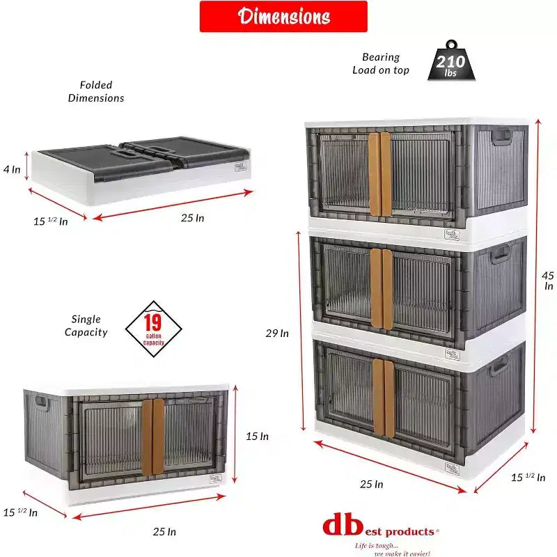 dbest products Quik Box - Bacs de rangement empilables de 72 litres avec portes, conteneur pliable et organisateur parfait pour n'importe quelle maison