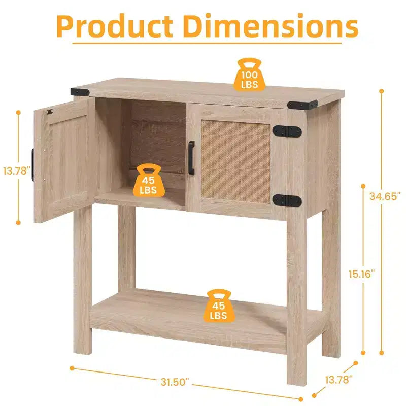Console de ferme EROMMY avec portes en rotin, Table d'entrée avec meuble de rangement, Table d'entrée avec grande capacité de rangement pour cuisine, couloir