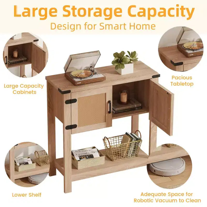 Console de ferme EROMMY avec portes en rotin, Table d'entrée avec meuble de rangement, Table d'entrée avec grande capacité de rangement pour cuisine, couloir
