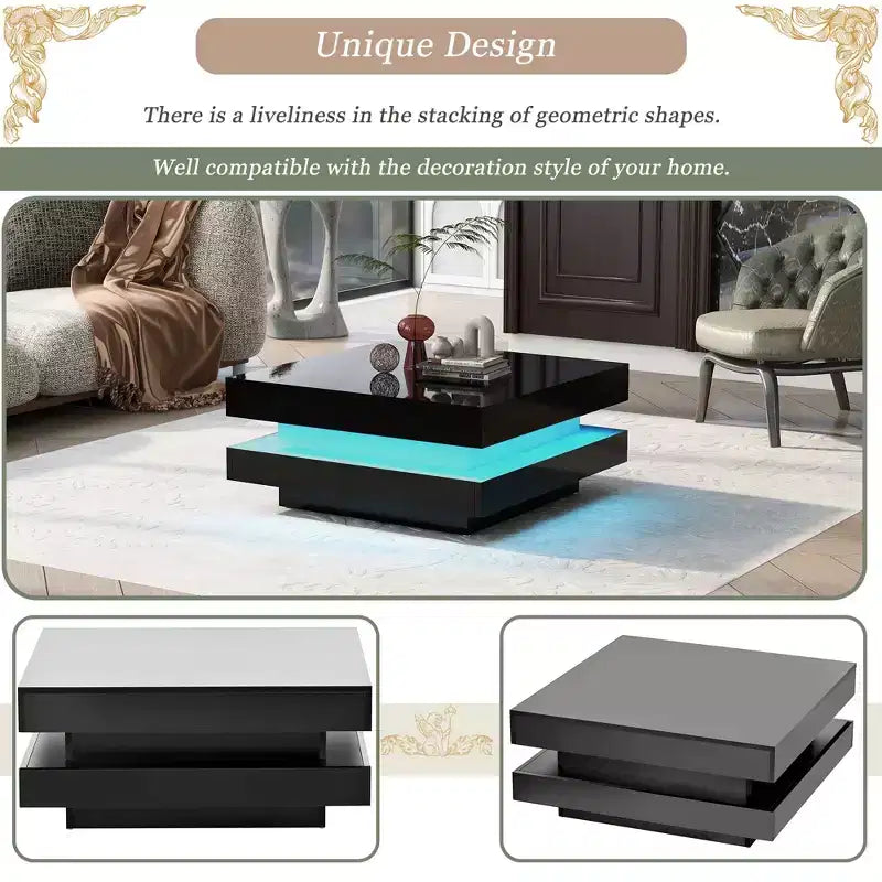 Table basse minimaliste laquée avec lumières LED, carrée à 2 niveaux, 80x80x36 cm, noire