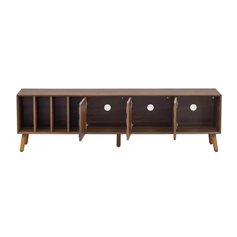 Meuble TV Moderne du Milieu du Siècle de 70 po, Table Console Média pour Téléviseurs jusqu'à 80'', Centre de Divertissement avec 5 Pieds en Bois Massif, Noyer - ModernLuxe